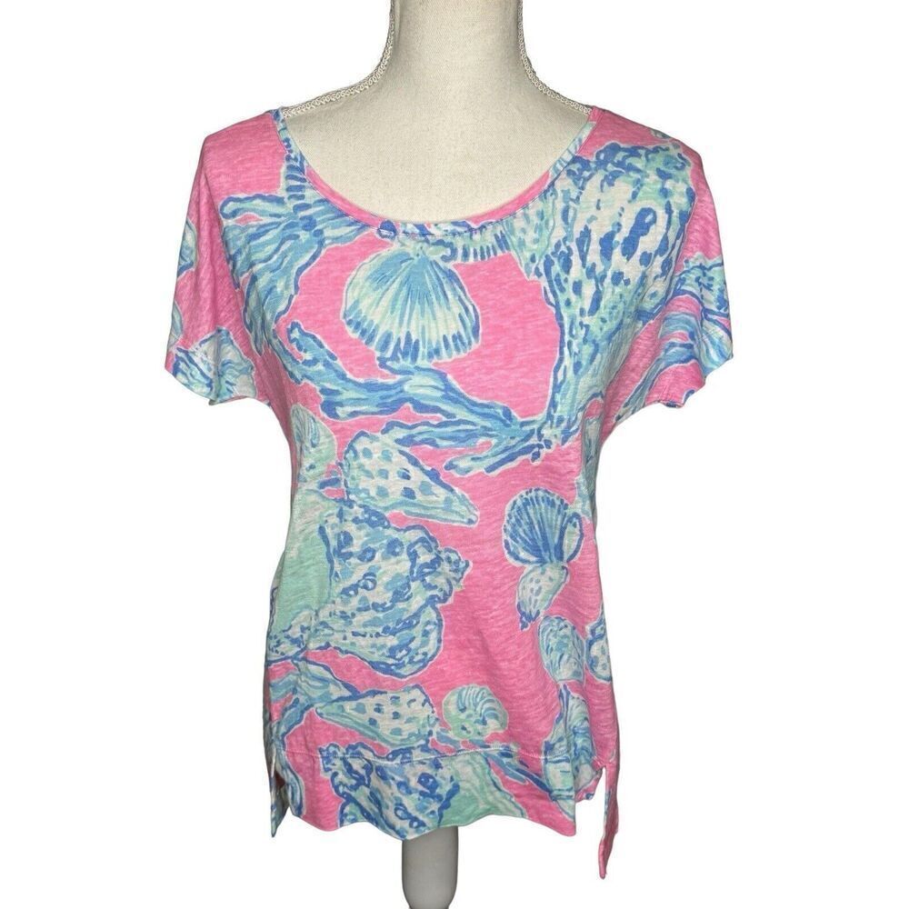 LILLY PULITZER MIKELA 100% LINEN TOP PINK POUT BAREFOOT PRINCESS SHELLS SIZE S